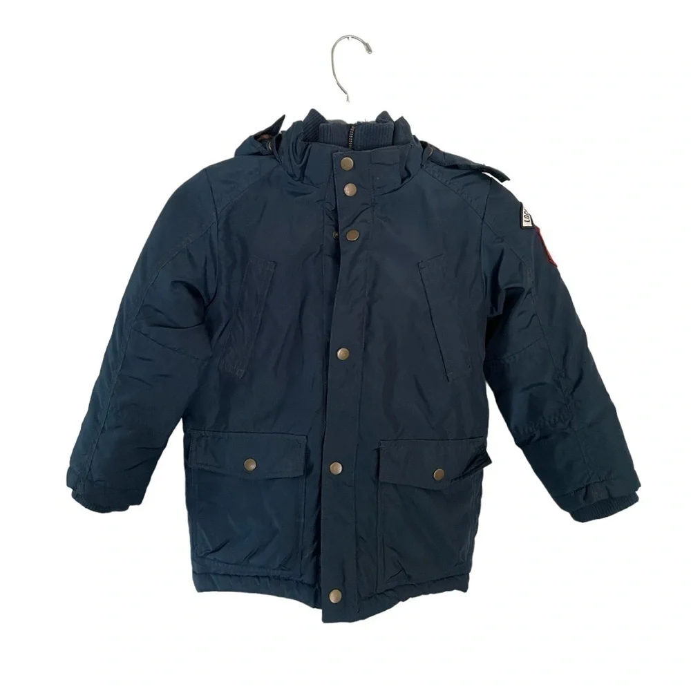 H&M Mountain Adventure patch faux fur trim hooded puffer jacket size 6-7 years